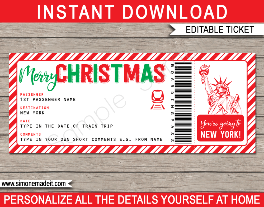 Printable Christmas New York Train Trip Ticket Template | Surprise Trip to New York Reveal | Fake Train Ticket | Christmas Present | INSTANT DOWNLOAD via giftsbysimonemadeit.com
