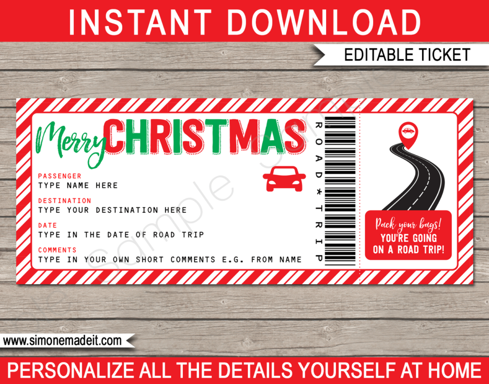Printable Christmas Road Trip Ticket Template | Surprise Road Trip Reveal Gift Ticket | Fake Ticket | Christmas Present | Driving Holiday | INSTANT DOWNLOAD via giftsbysimonemadeit.com