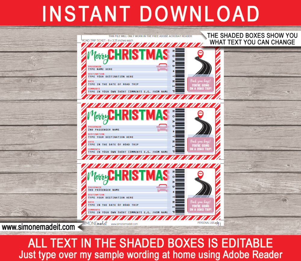 Printable Christmas Road Trip Gift Ticket Template | Surprise Road Trip Reveal | Fake Ticket | Christmas Present | Driving Holiday | INSTANT DOWNLOAD via giftsbysimonemadeit.com