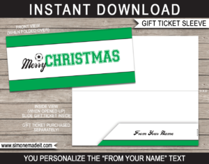 Printable Christmas Soccer Gift Ticket Sleeve Template for Christmas sports gift tickets or game tickets or gift vouchers or money | DIY Editable & Printable Template | INSTANT DOWNLOAD via giftsbysimonemadeit.com