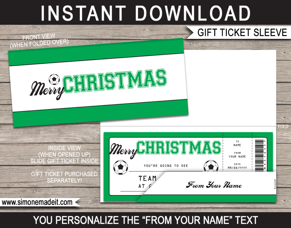 Printable Christmas Soccer Gift Ticket Sleeve Template for Christmas sports gift tickets or game tickets or gift vouchers or money | DIY Editable & Printable Template | INSTANT DOWNLOAD via giftsbysimonemadeit.com