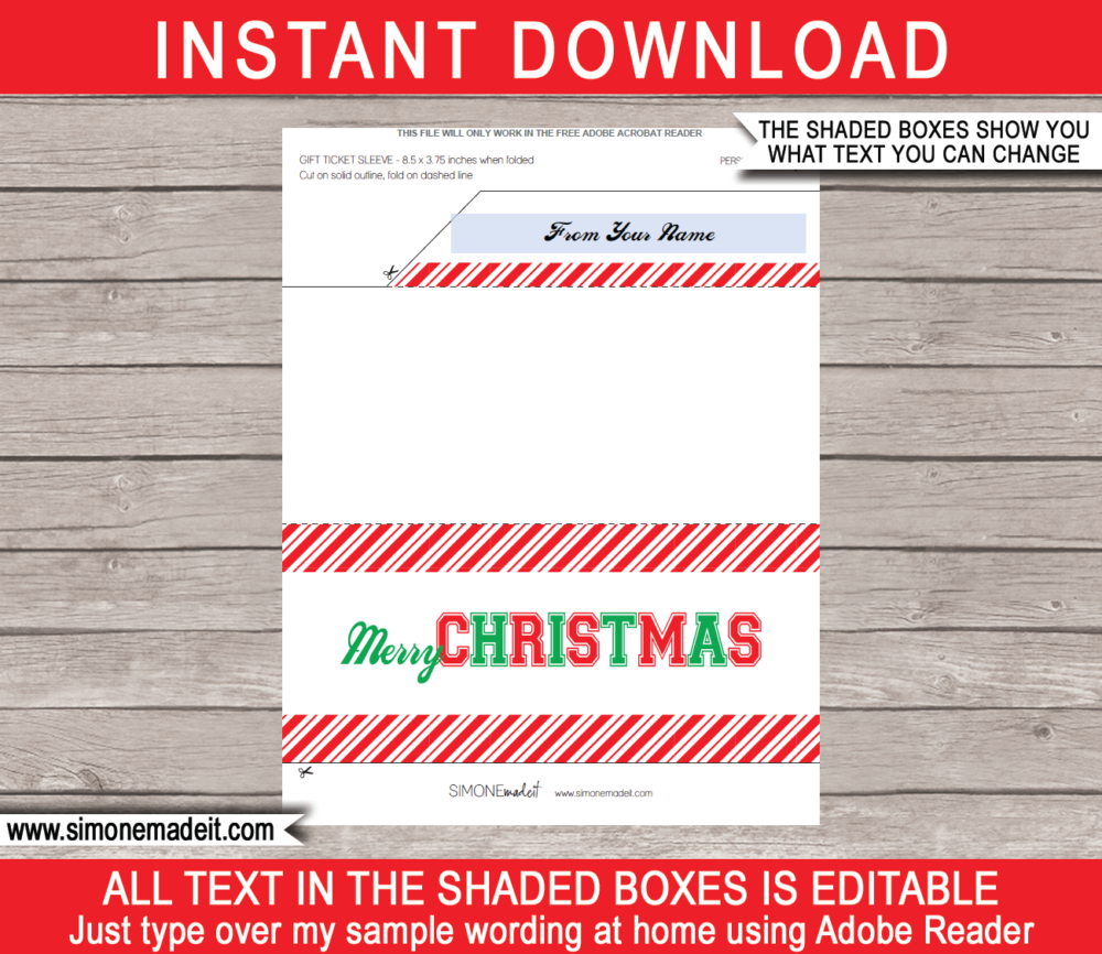 Printable Christmas Gift Ticket Sleeve Template for Christmas sports gift tickets or game tickets or gift vouchers or money | DIY Editable & Printable Template | INSTANT DOWNLOAD via giftsbysimonemadeit.com