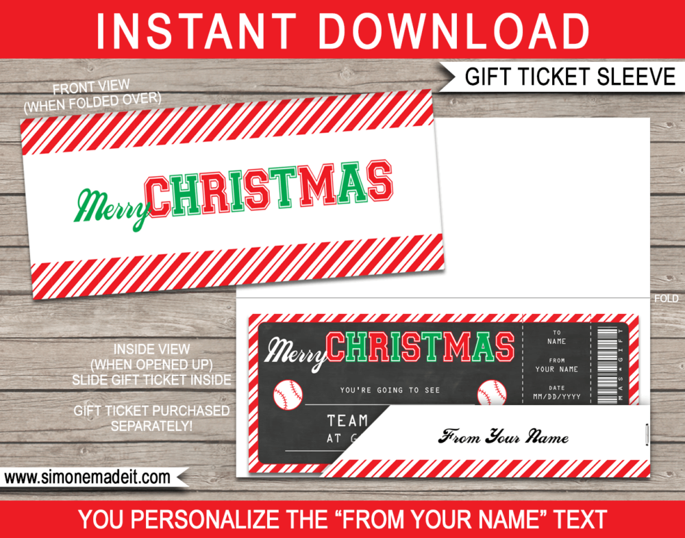 Chalkboard Baseball Christmas Gift Ticket Sleeve Template for Christmas gift tickets or gift vouchers | DIY Editable & Printable Template | INSTANT DOWNLOAD via giftsbysimonemadeit.com