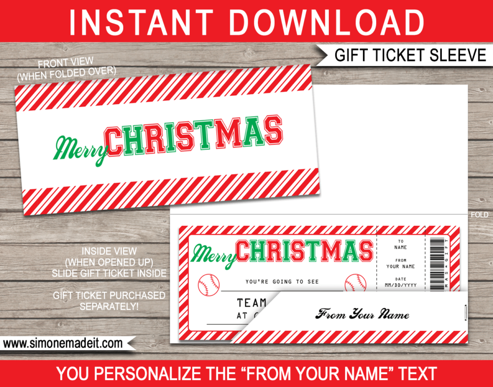 Baseball Christmas Gift Ticket Sleeve Template for Christmas gift tickets or gift vouchers | DIY Editable & Printable Template | INSTANT DOWNLOAD via giftsbysimonemadeit.com
