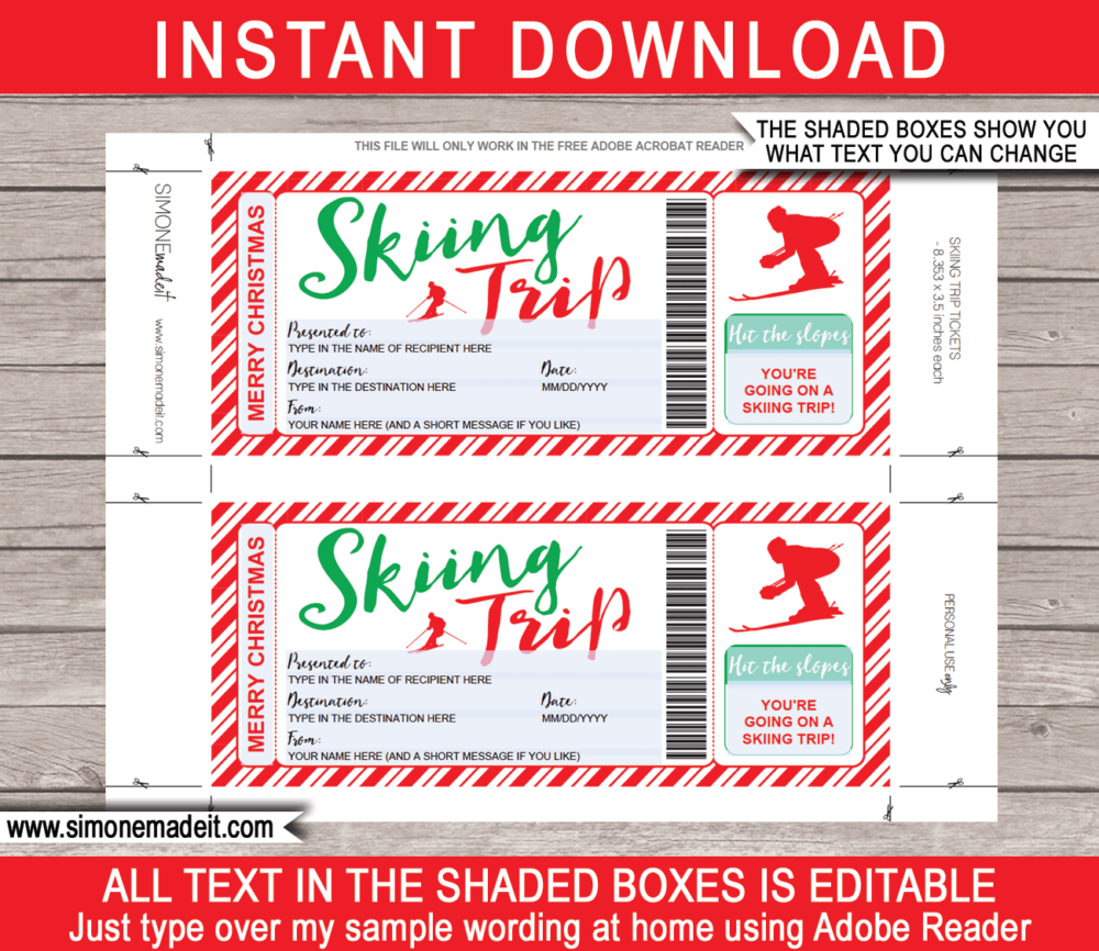 Printable Christmas Skiing Trip Ticket Gift Voucher Template | Surprise Ski Trip to the Snow | Faux or Fake Skiing Ticket | Christmas Present | DIY Editable & Printable Template | Instant Download via simonemadeit.com