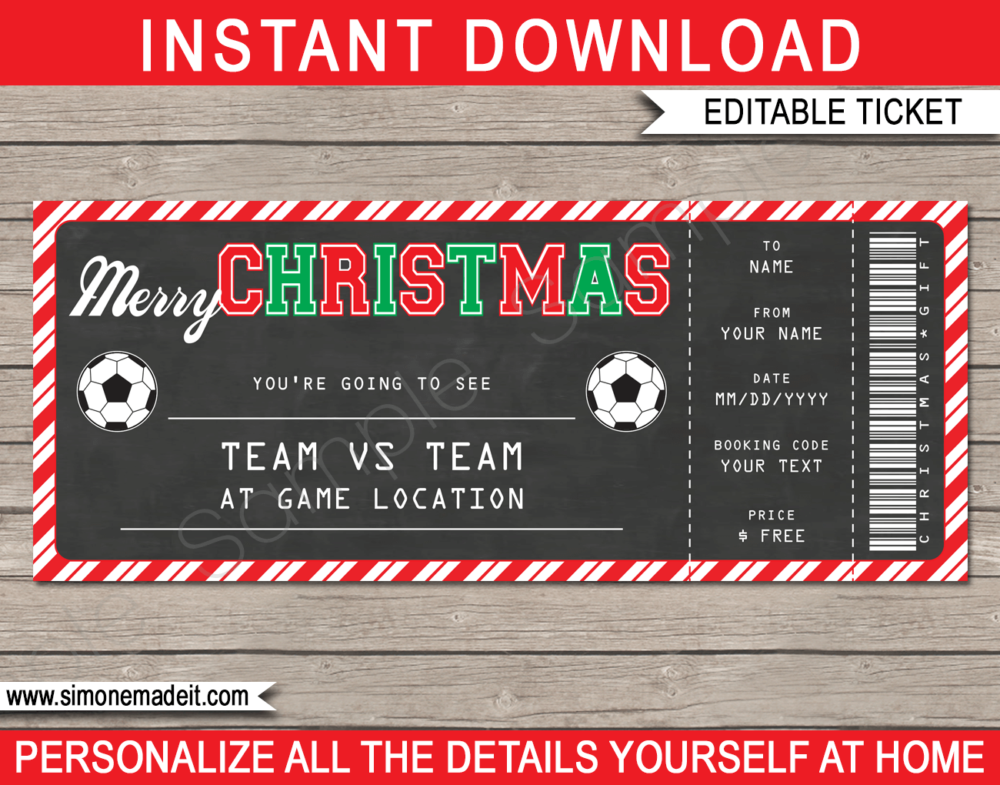 Editable & Printable Christmas Soccer Ticket Gift Voucher Template - Surprise tickets to a Soccer Game - Gift Certificate - Christmas present - INSTANT DOWNLOAD via giftsbysimonemadeit.com #soccergifttickets #lastminutegift