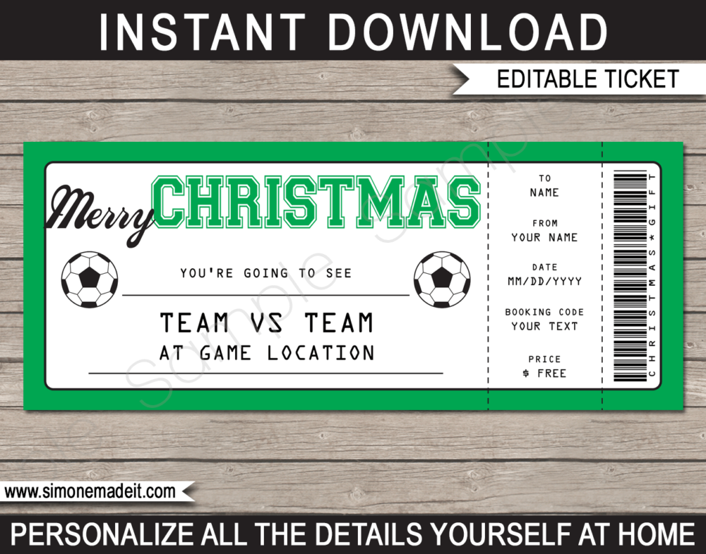 Editable & Printable Christmas Soccer Ticket Gift Voucher Template - Surprise tickets to a Soccer Game - Gift Certificate - Christmas present - INSTANT DOWNLOAD via giftsbysimonemadeit.com #soccergifttickets #lastminutegift