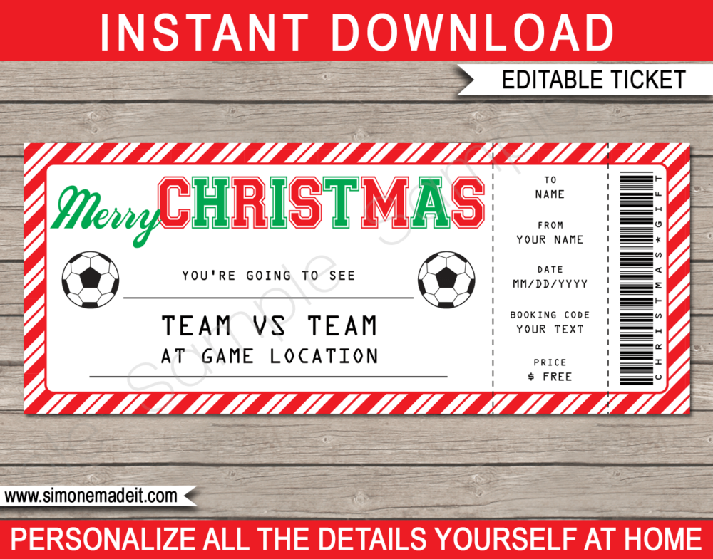 Christmas Soccer Ticket Gift Voucher Template - Surprise tickets to a Soccer Game - Gift Certificate - Christmas present - INSTANT DOWNLOAD via giftsbysimonemadeit.com #soccergifttickets #lastminutegift