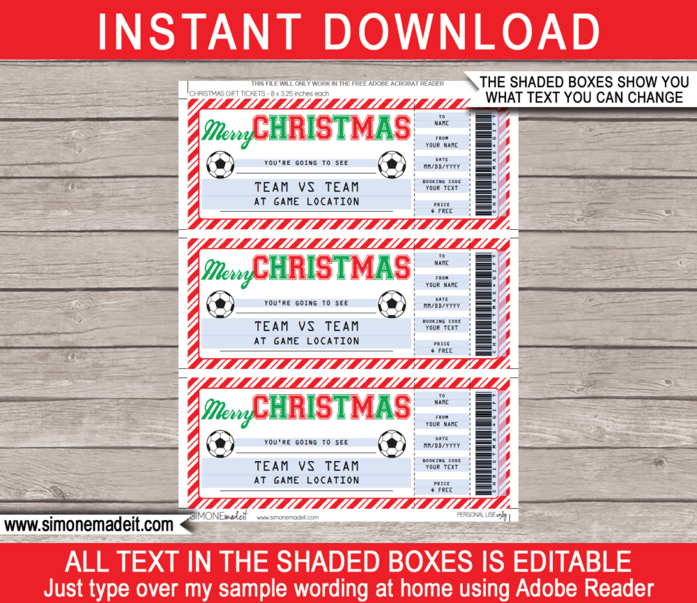 Editable & Printable Christmas Soccer Ticket Gift Voucher Template - Surprise tickets to a Soccer Game - Gift Certificate - Christmas present - INSTANT DOWNLOAD via giftsbysimonemadeit.com #soccergifttickets #lastminutegift