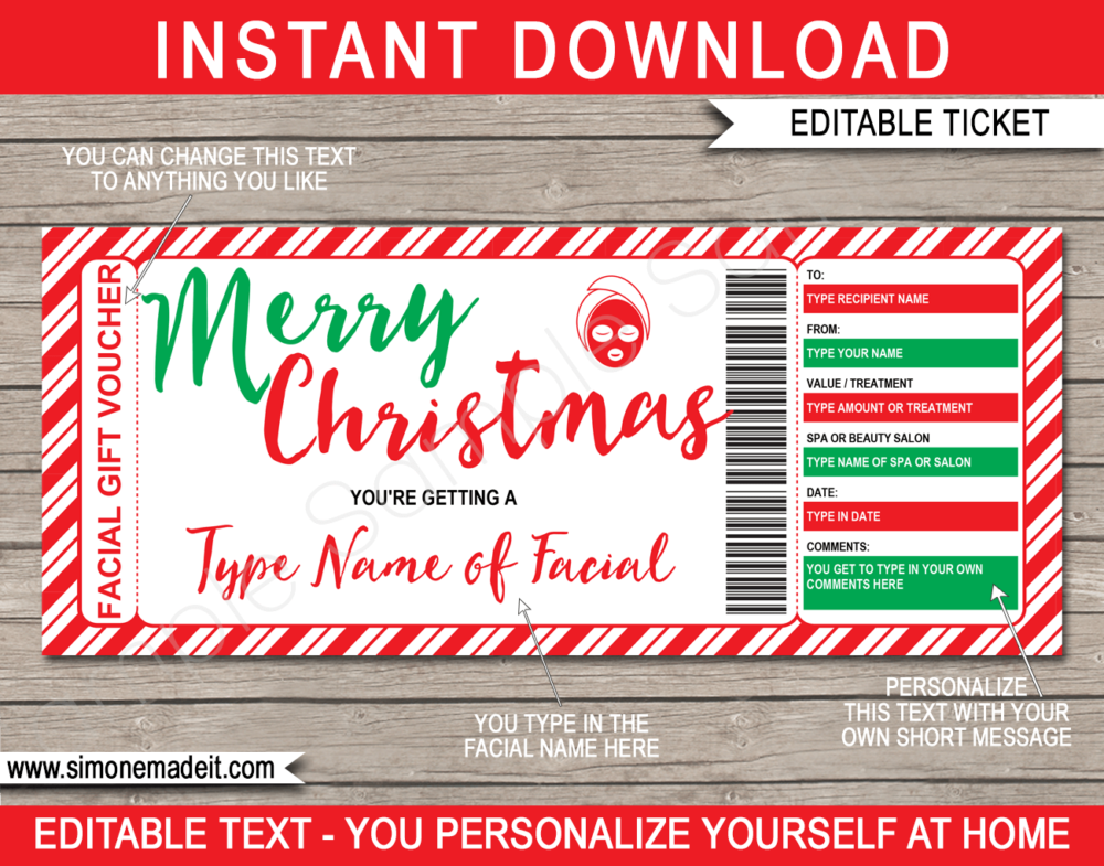 Printable Christmas Facial Gift Voucher Template | DIY Editable Spa Treatment Gift Certificate | Christmas Present | INSTANT DOWNLOAD via giftsbysimonemadeit.com