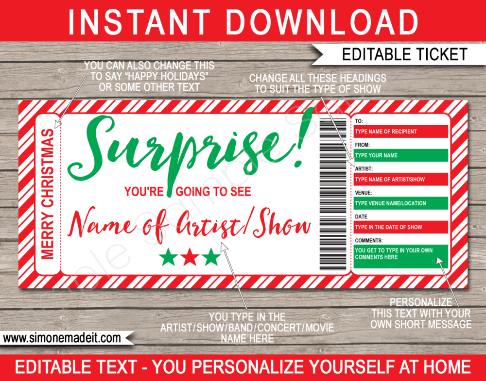 Christmas Surprise Concert Ticket Gift Template | Concert, Band, Show, Music Festival, Performance, Artist, Performance or Movie | Fake Concert Ticket | Christmas Present | DIY Editable & Printable Template | Instant Download via simonemadeit.com