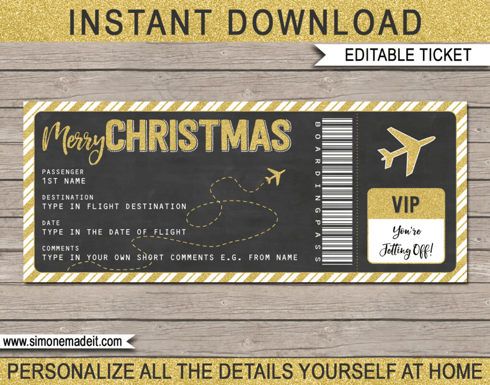Chalkboard & Gold Christmas Gift Boarding Pass Ticket | Surprise Flight, Trip, Getaway, Holiday, Vacation | Fake Boarding Pass | Christmas Present | DIY Editable & Printable Template | Instant Download via giftsbysimonemadeit.com