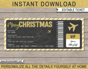 Chalkboard & Gold Christmas Gift Boarding Pass Ticket | Surprise Flight, Trip, Getaway, Holiday, Vacation | Fake Boarding Pass | Christmas Present | DIY Editable & Printable Template | Instant Download via giftsbysimonemadeit.com