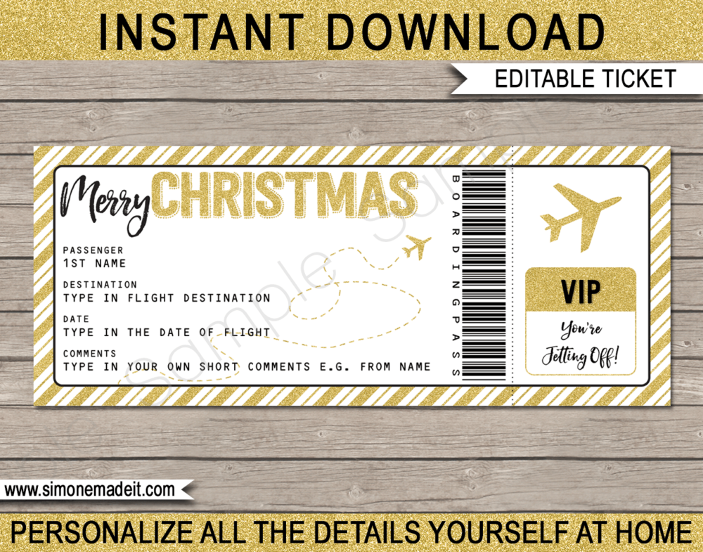 Gold Christmas Gift Boarding Pass Ticket | Surprise Flight, Trip, Getaway, Holiday, Vacation | Fake Boarding Pass | Christmas Present | DIY Editable & Printable Template | Instant Download via giftsbysimonemadeit.com