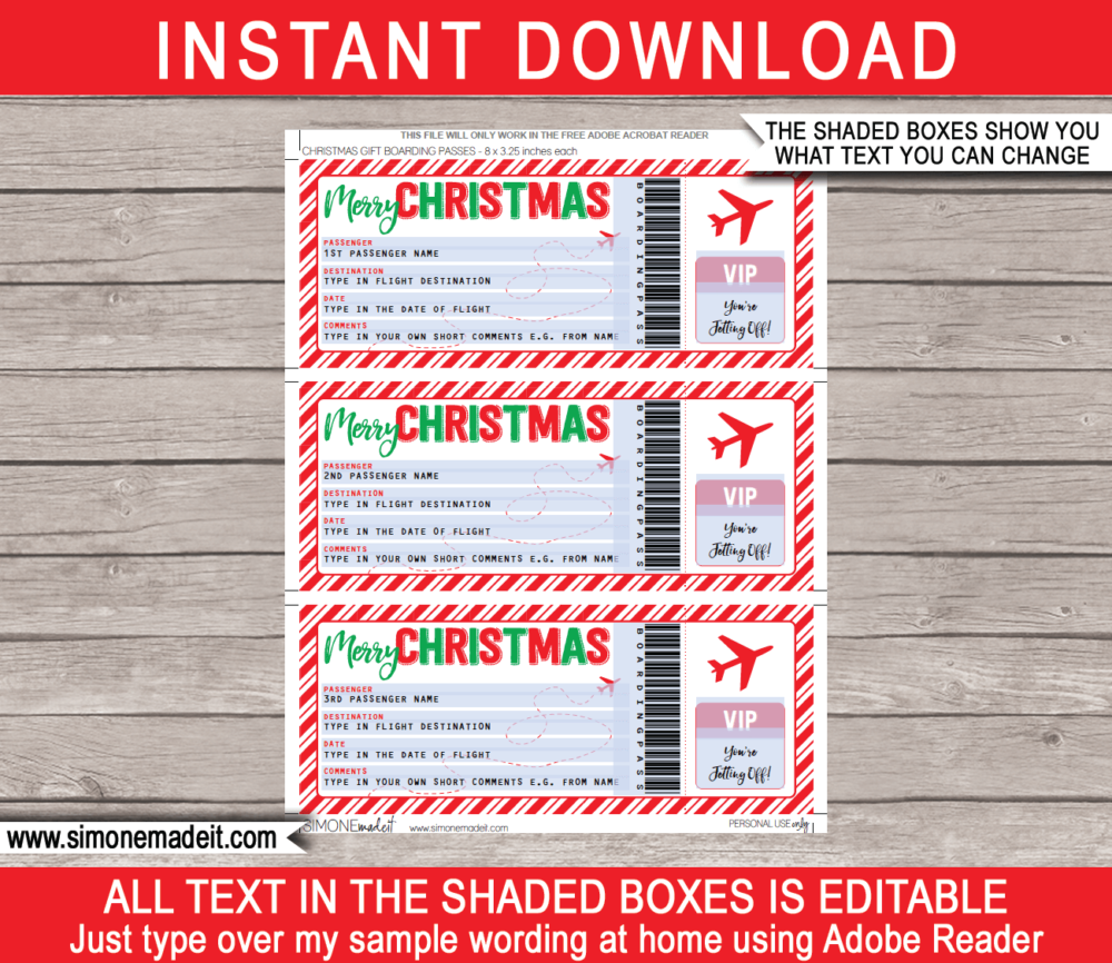 Christmas Gift Boarding Pass Ticket | Surprise Flight, Trip, Getaway, Holiday, Vacation | Fake Boarding Pass | Christmas Present | DIY Editable & Printable Template | Instant Download via giftsbysimonemadeit.com