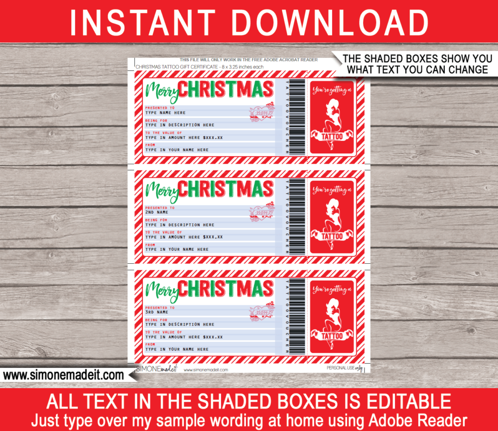 Printable Christmas Tattoo Gift Voucher Template | Xmas Present | Instant download via giftsbysimonemadeit.com