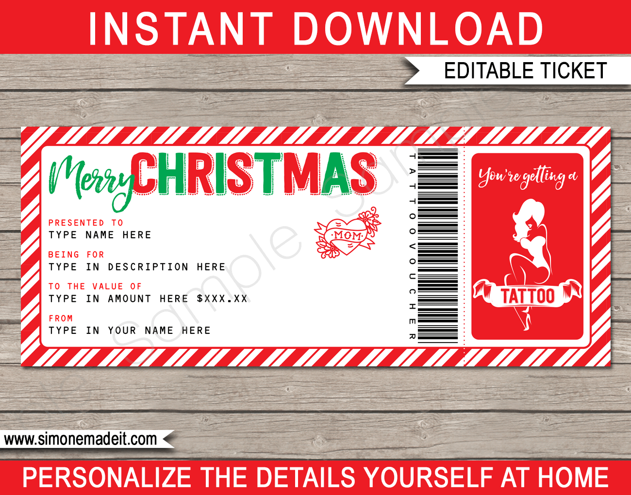 Printable Christmas Tattoo Gift Voucher Template DIY Gift Certificate