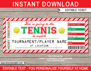 Printable Christmas Tennis Ticket Gift Voucher template | DIY Editable & Printable Template | Faux, Fake Ticket | Surprise Tickets to the Tennis Tournament or Match | INSTANT DOWNLOAD via giftsbysimonemadeit.com
