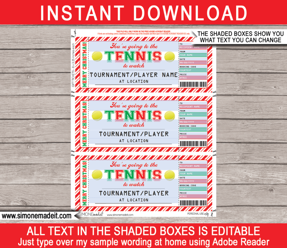 Editable Christmas Tennis Ticket Gift Voucher template | DIY Editable & Printable Template | Faux, Fake Ticket | Surprise Tickets to the Tennis Tournament or Match | INSTANT DOWNLOAD via giftsbysimonemadeit.com