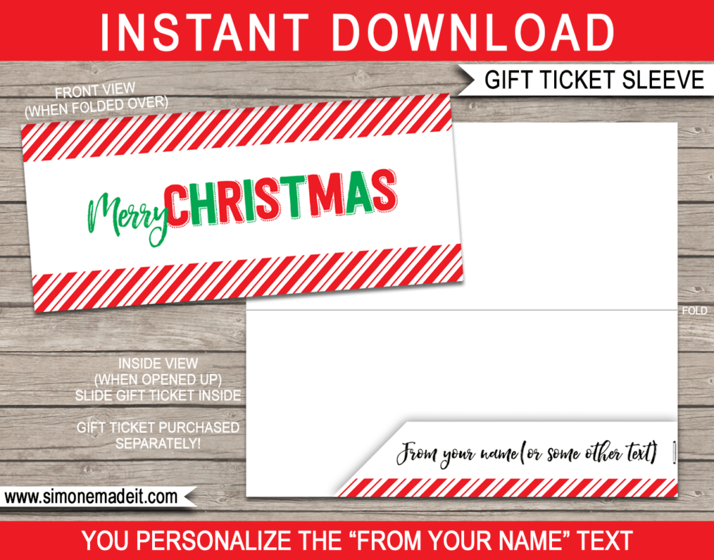 Printable Christmas Gift Ticket Sleeve Template for Christmas gift tickets, fake boarding passes, gift vouchers, certificates or money | DIY Editable & Printable Template | INSTANT DOWNLOAD via giftsbysimonemadeit.com