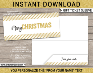 Gold Christmas Gift Ticket Sleeve Template for Christmas gift tickets, fake boarding passes, gift vouchers, certificates or money | DIY Editable & Printable Template | INSTANT DOWNLOAD via giftsbysimonemadeit.com