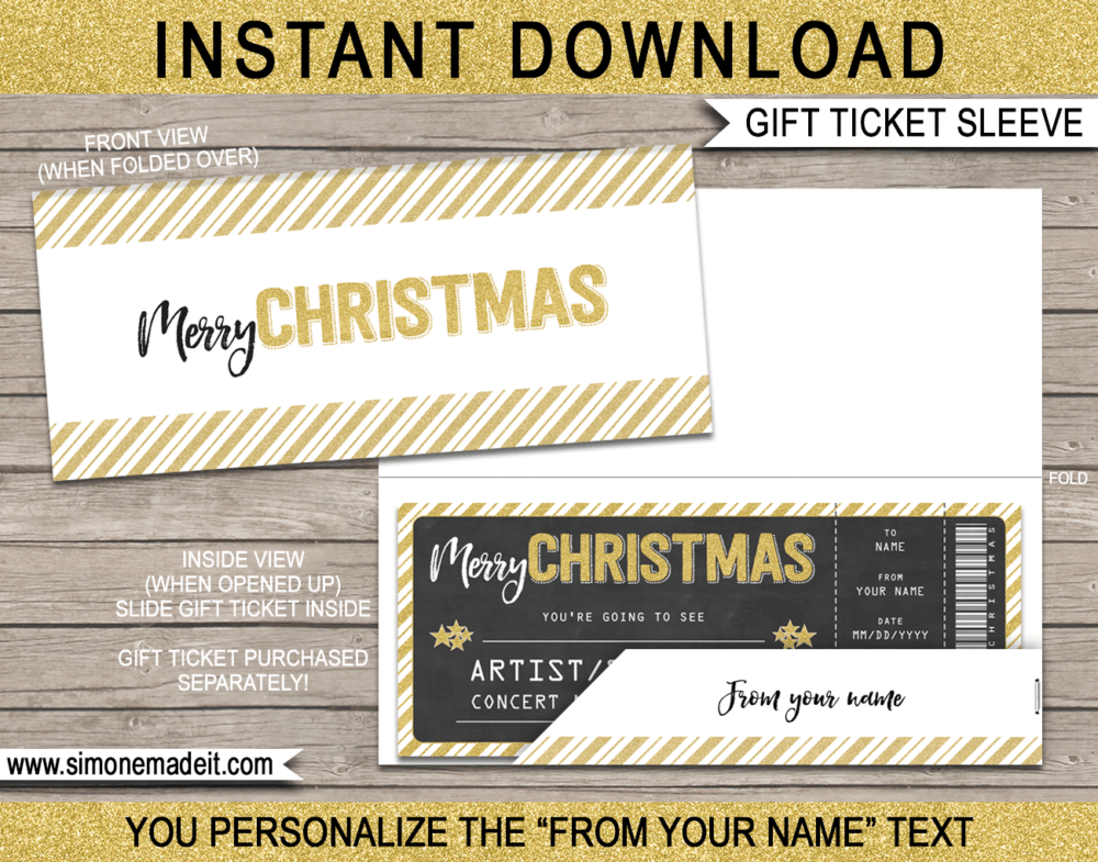 Printable Gold Christmas Gift Ticket Sleeve Template for Christmas gift tickets, fake boarding passes, gift vouchers or money | DIY Editable & Printable Template | INSTANT DOWNLOAD via giftsbysimonemadeit.com