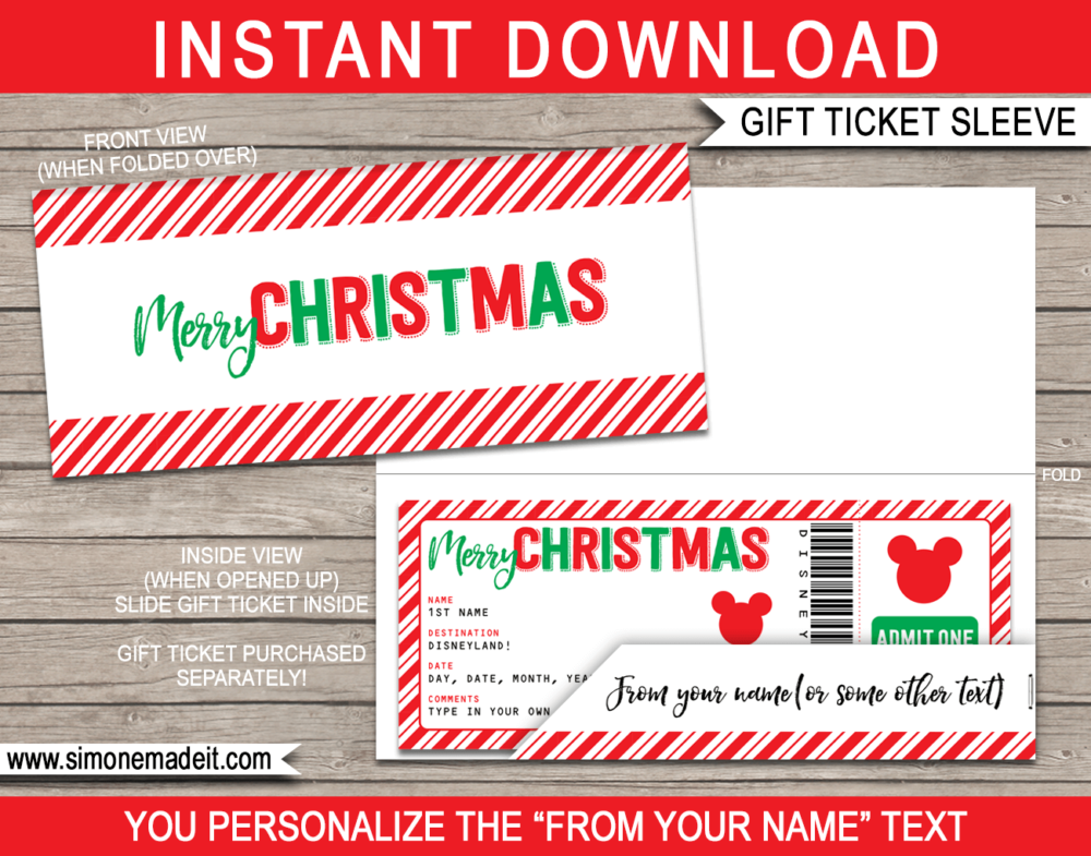 Printable Christmas Gift Ticket Sleeve Template for Christmas gift tickets, fake boarding passes, gift vouchers or money | DIY Editable & Printable Template | INSTANT DOWNLOAD via giftsbysimonemadeit.com