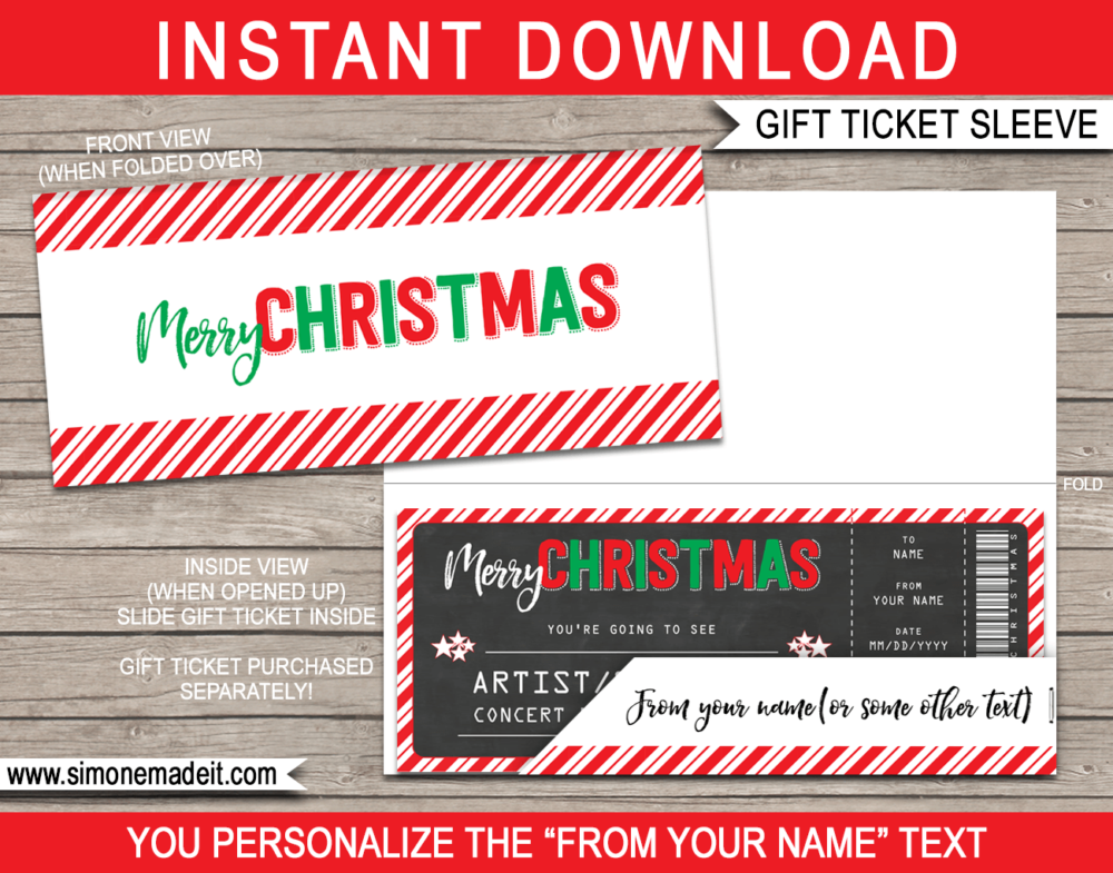 Printable Christmas Gift Ticket Sleeve Template for Christmas gift tickets, fake boarding passes, gift vouchers or money | DIY Editable & Printable Template | INSTANT DOWNLOAD via giftsbysimonemadeit.com