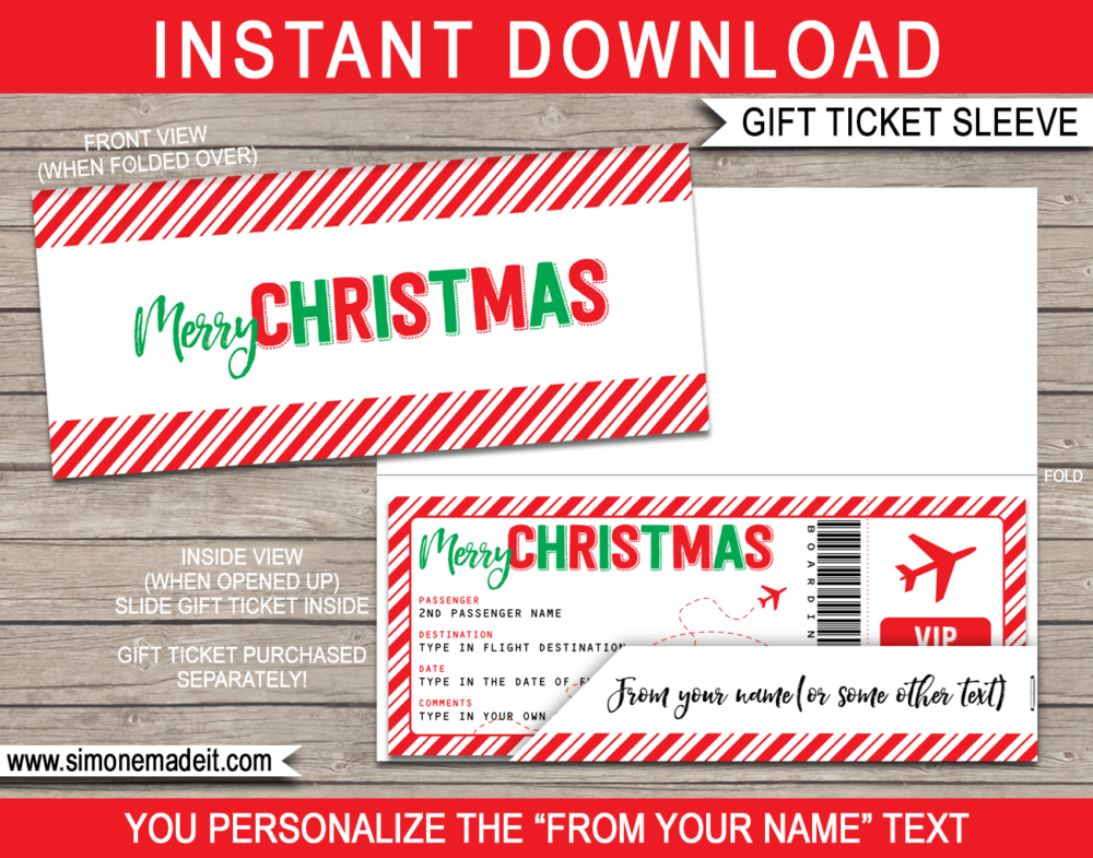 Printable Christmas Gift Ticket Sleeve Template for Christmas gift tickets, fake boarding passes, gift vouchers or money | DIY Editable & Printable Template | INSTANT DOWNLOAD via giftsbysimonemadeit.com