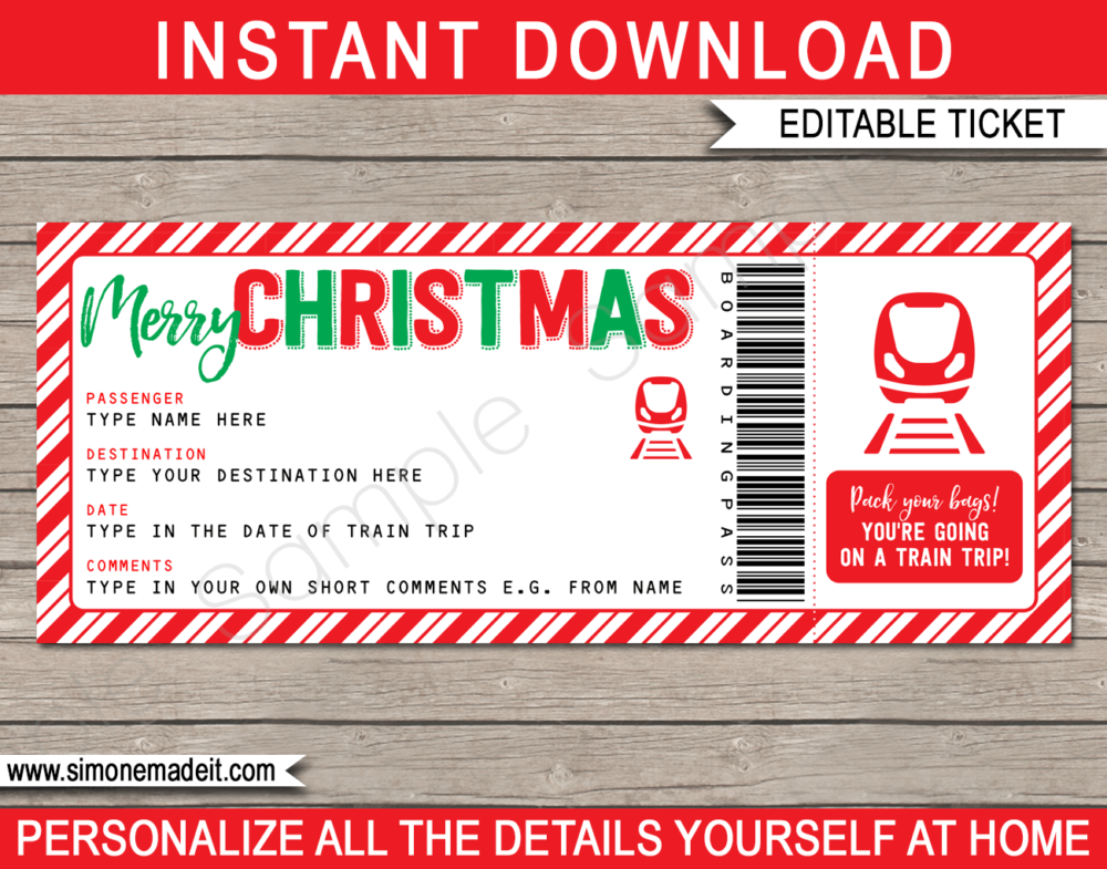 Printable Christmas Train Ticket Gift Template | Surprise Train Trip Reveal | Fake Train Ticket | Christmas Present | INSTANT DOWNLOAD via giftsbysimonemadeit.com