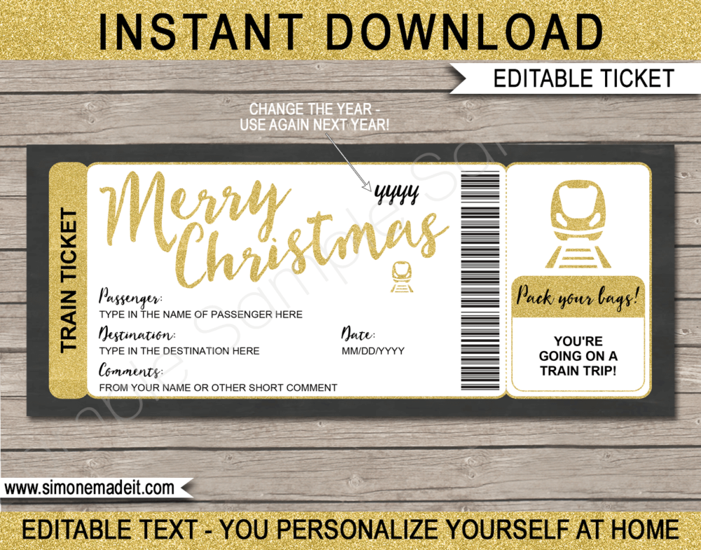 Printable Gold Christmas Train Trip Reveal Gift Ticket | DIY Editable Train Boarding Pass Template | Holiday, Getaway, Vacation by Train | INSTANT DOWNLOAD via giftsbysimonemadeit.com