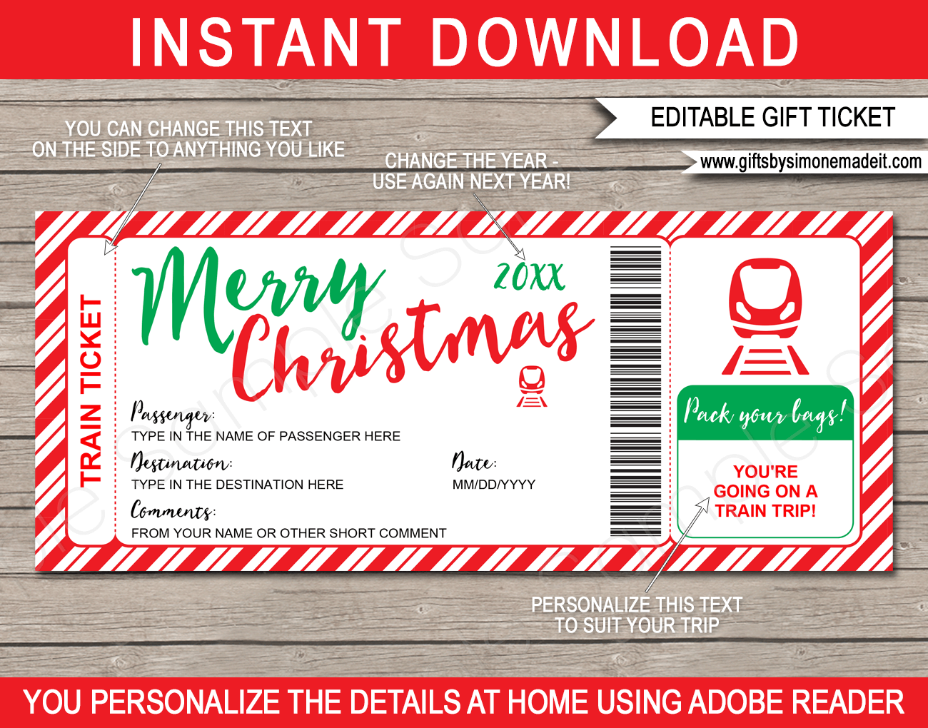 Printable Christmas Train Trip Reveal Gift Ticket | DIY Editable Train Boarding Pass Template | Holiday, Getaway, Vacation by Train | INSTANT DOWNLOAD via giftsbysimonemadeit.com