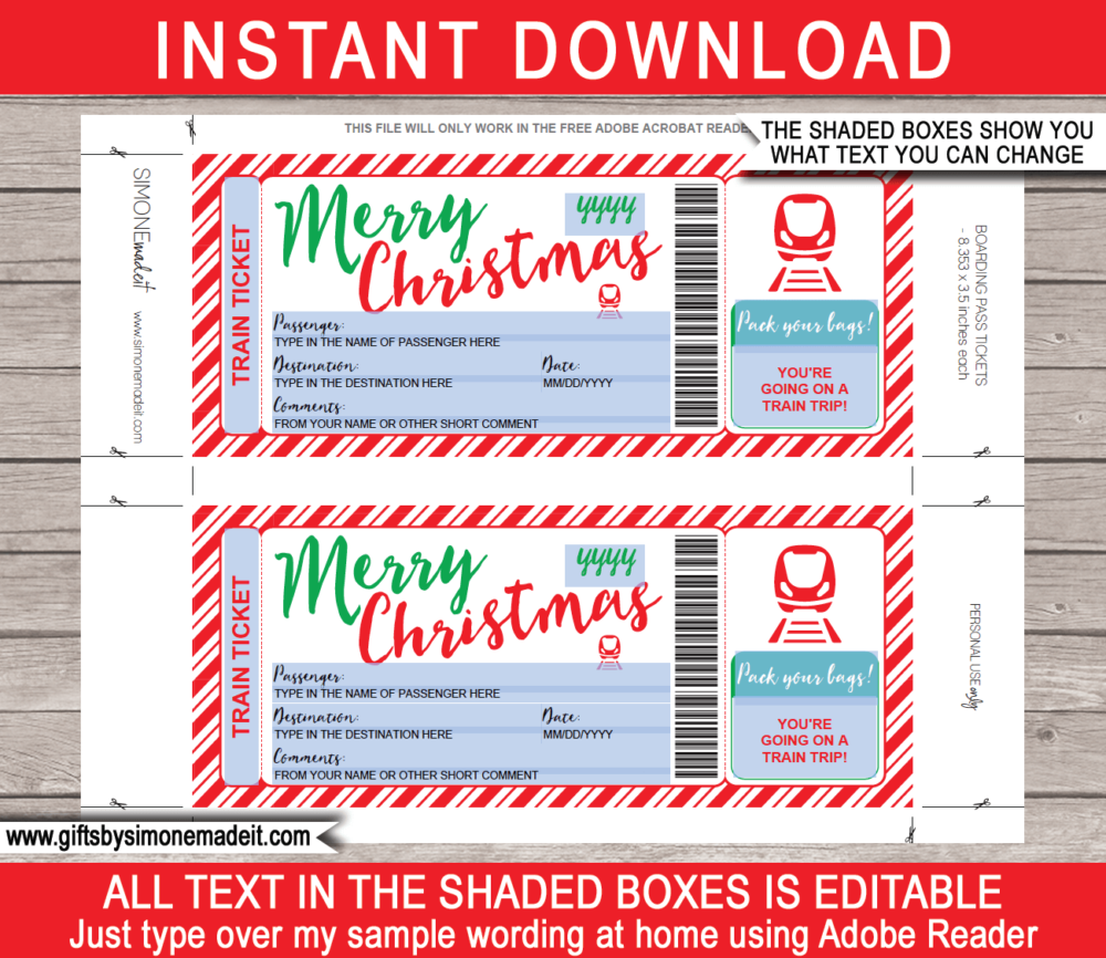 Printable Christmas Train Trip Reveal Gift Ticket | DIY Editable Train Boarding Pass Template | Holiday, Getaway, Vacation by Train | INSTANT DOWNLOAD via giftsbysimonemadeit.com