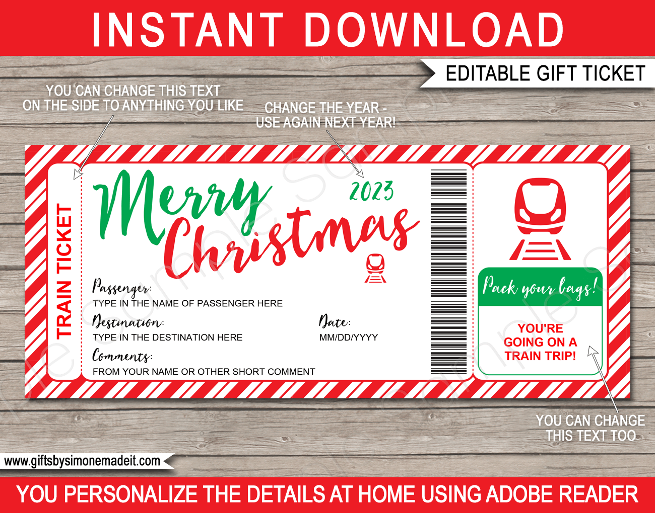 Christmas Surprise Train Trip Reveal Gift Ticket Printable Ticket
