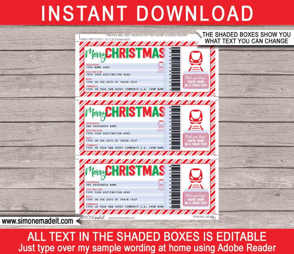 Printable Christmas Train Ticket Gift Template | Surprise Train Trip Reveal | Fake Train Ticket | Christmas Present | INSTANT DOWNLOAD via giftsbysimonemadeit.com