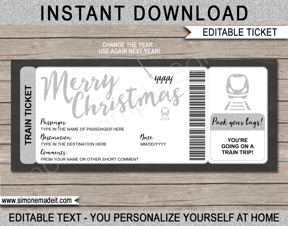 Printable Silver Christmas Train Trip Reveal Gift Ticket | DIY Editable Train Boarding Pass Template | Holiday, Getaway, Vacation by Train | INSTANT DOWNLOAD via giftsbysimonemadeit.com