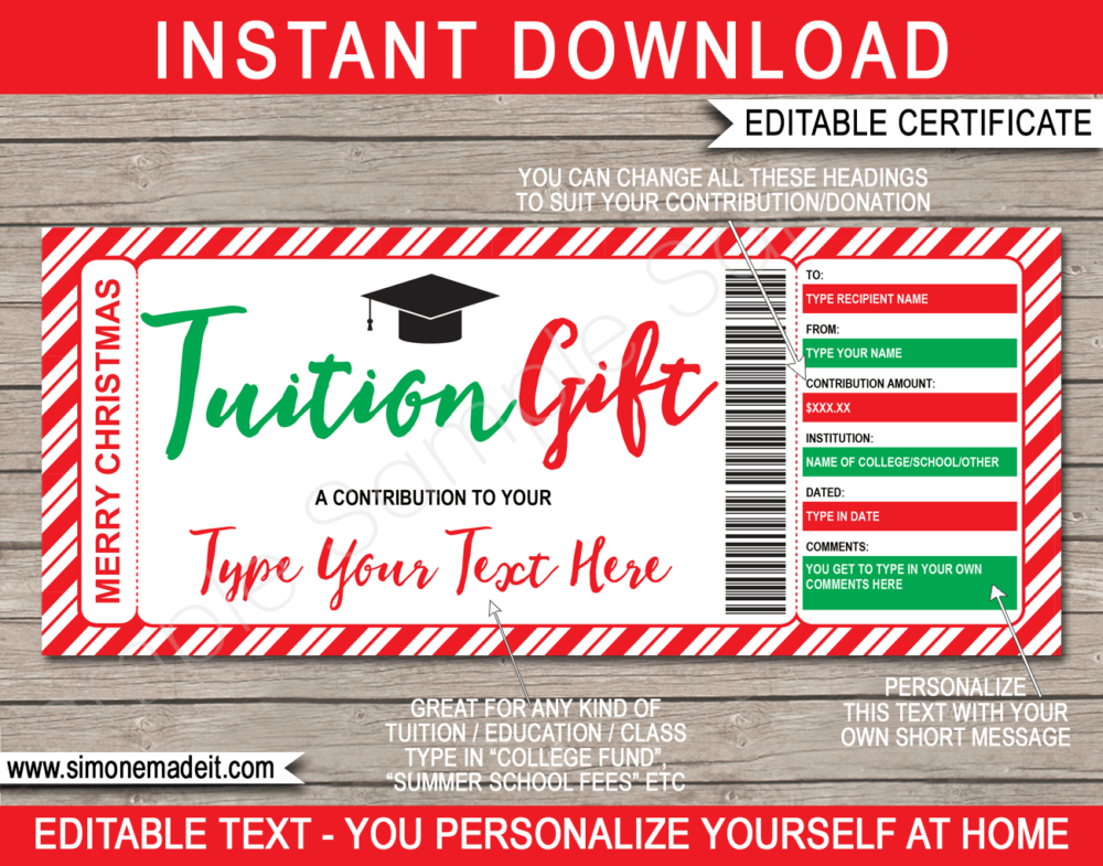 Printable Christmas Tuition Gift Certificate Template | Education Contribution | High School Fees, University Fees, College Fund, 529 College Savings Plan Contribution, Tutor Fees | DIY Editable Voucher | Instant Download via giftsbysimonmadeit.com
