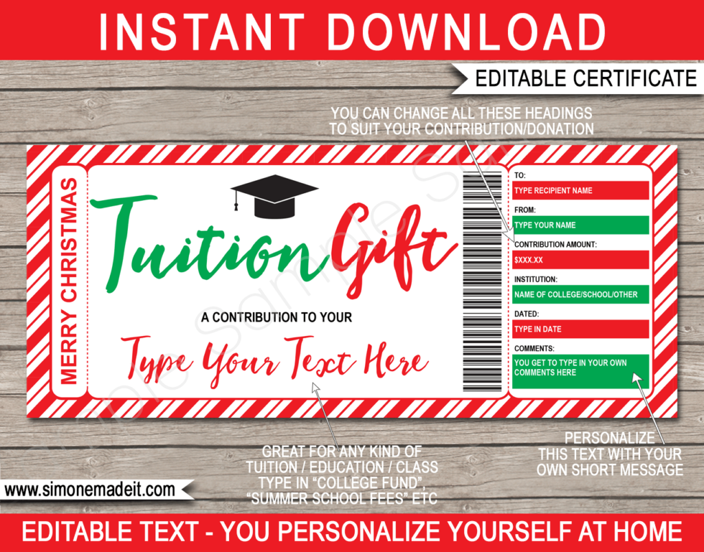 Christmas Tuition Gift Certificate Template | School Fee Contribution Gift