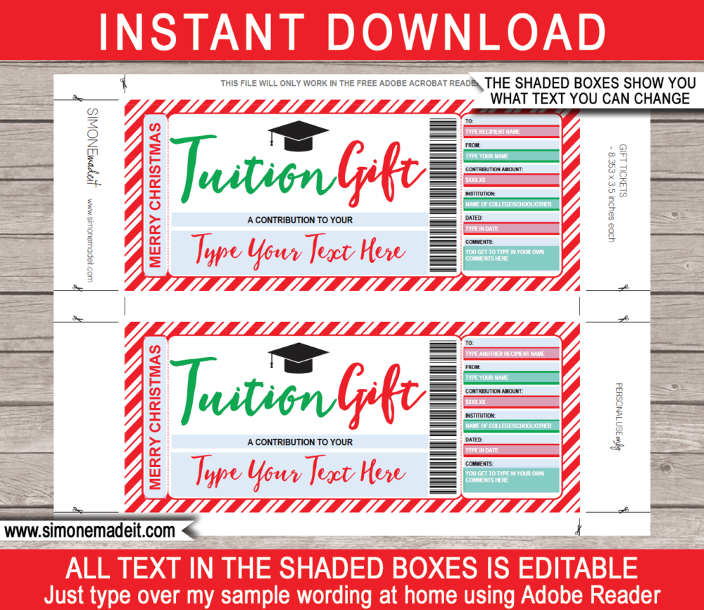 Printable Christmas Tuition Gift Certificate Template | Education Contribution | High School Fees, University Fees, College Fund, 529 College Savings Plan Contribution, Tutor Fees | DIY Editable | Instant Download via giftsbysimonmadeit.com