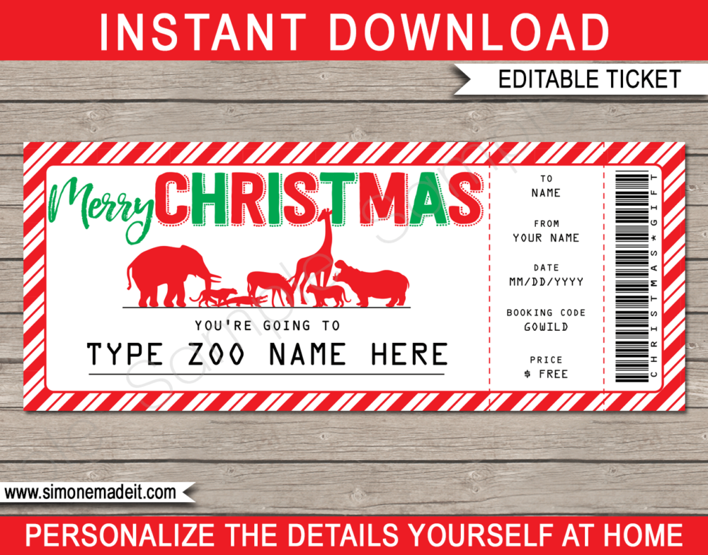 Printable Christmas Zoo Ticket Gift Voucher | Safari Wildlife Park Tickets | Surprise Tickets to the Zoo | Fake Zoo Tickets | Christmas Present | DIY Editable & Printable Template | Instant Download via giftsbysimonemadeit.com