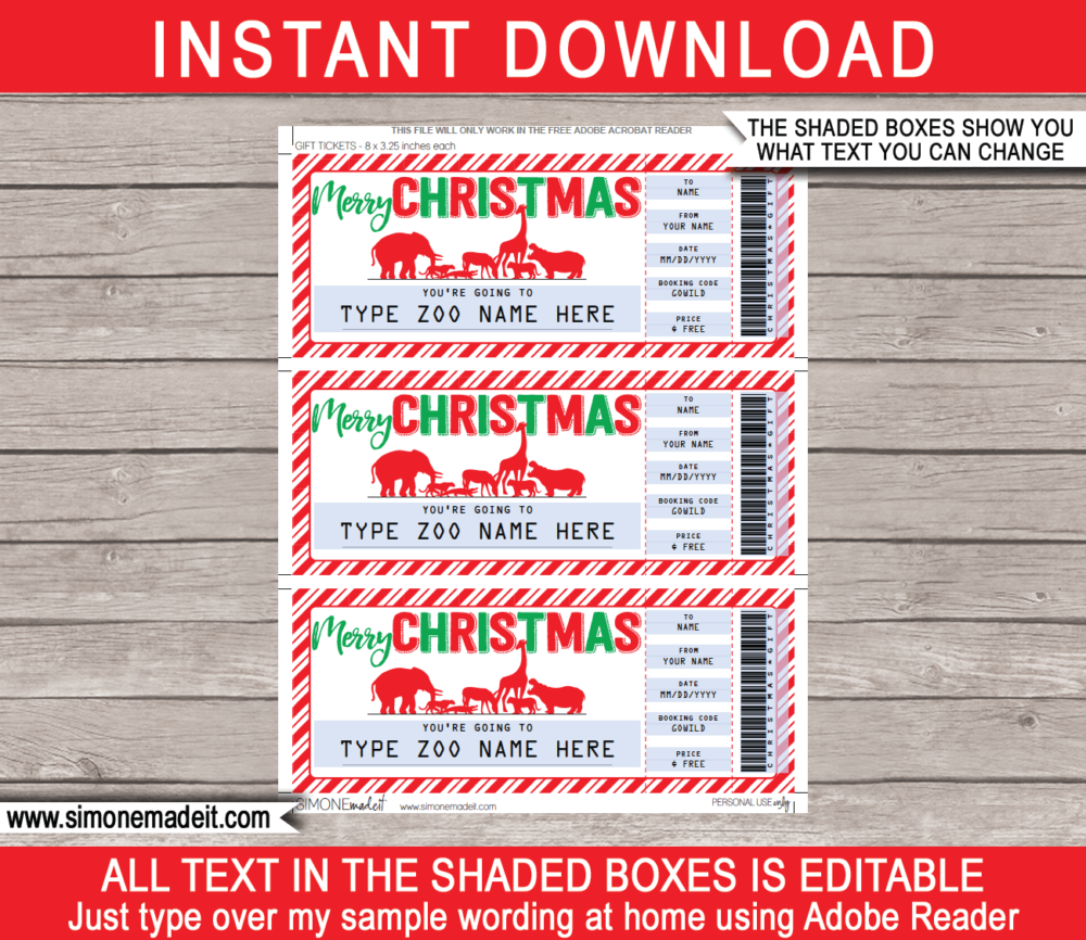 Printable Christmas Zoo Ticket Gift Voucher | Safari Wildlife Park Tickets | Surprise Tickets to the Zoo | Fake Zoo Tickets | Christmas Present | DIY Editable & Printable Template | Instant Download via giftsbysimonemadeit.com