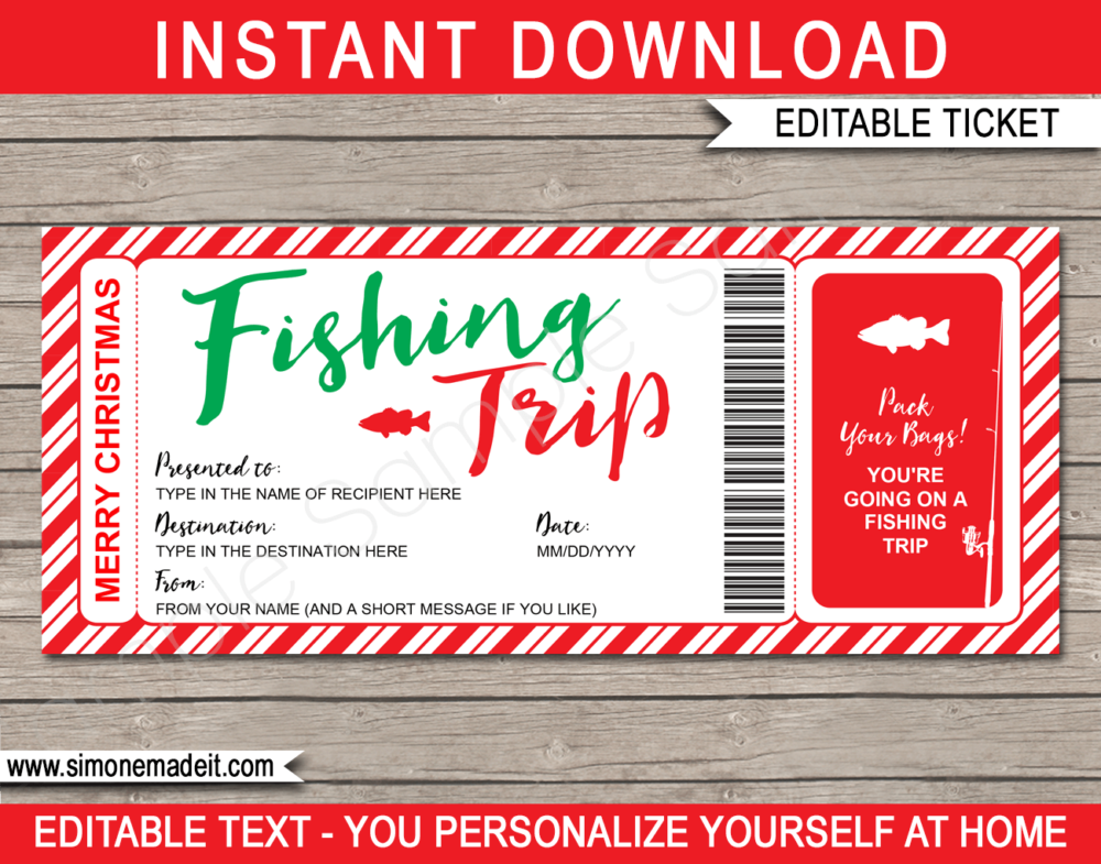 Printable Christmas Fishing Trip Ticket Gift Voucher Template | A Surprise Fishing Trip Ticket | Faux or Fake Fishing Pass | Christmas Present | DIY Editable & Printable Template | Instant Download via simonemadeit.com