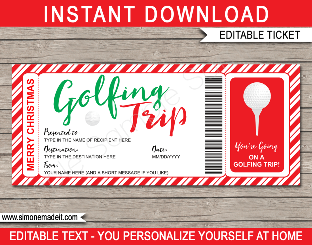 Printable Christmas Golfing Trip Ticket Gift Voucher Template | A Surprise Golfing Trip Ticket | Faux or Fake Golfing Pass | Christmas Present | DIY Editable & Printable Template | Instant Download via simonemadeit.com
