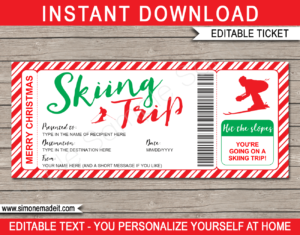 Printable Christmas Skiing Trip Ticket Gift Voucher Template | Surprise Ski Trip to the Snow | Faux or Fake Skiing Ticket | Christmas Present | DIY Editable & Printable Template | Instant Download via simonemadeit.com
