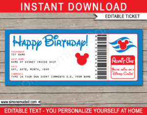 Printable Birthday Disney Cruise Ticket Gift Template | Editable Gift Voucher | Surprise Disney Cruise Trip Reveal | INSTANT DOWNLOAD via giftsbysimonemadeit.com