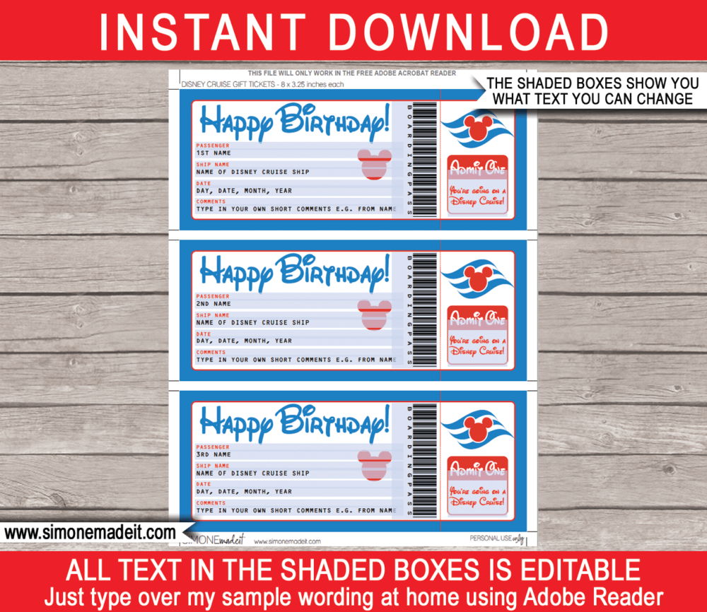 Printable Birthday Disney Cruise Ticket Gift Template | Editable Gift Voucher | Surprise Disney Cruise Trip Reveal | INSTANT DOWNLOAD via giftsbysimonemadeit.com