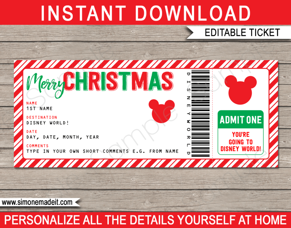 Printable Surprise Christmas Disney World Trip Ticket Template | Editable Gift Voucher | Walt Disney World Trip Reveal | INSTANT DOWNLOAD via giftsbysimonemadeit.com