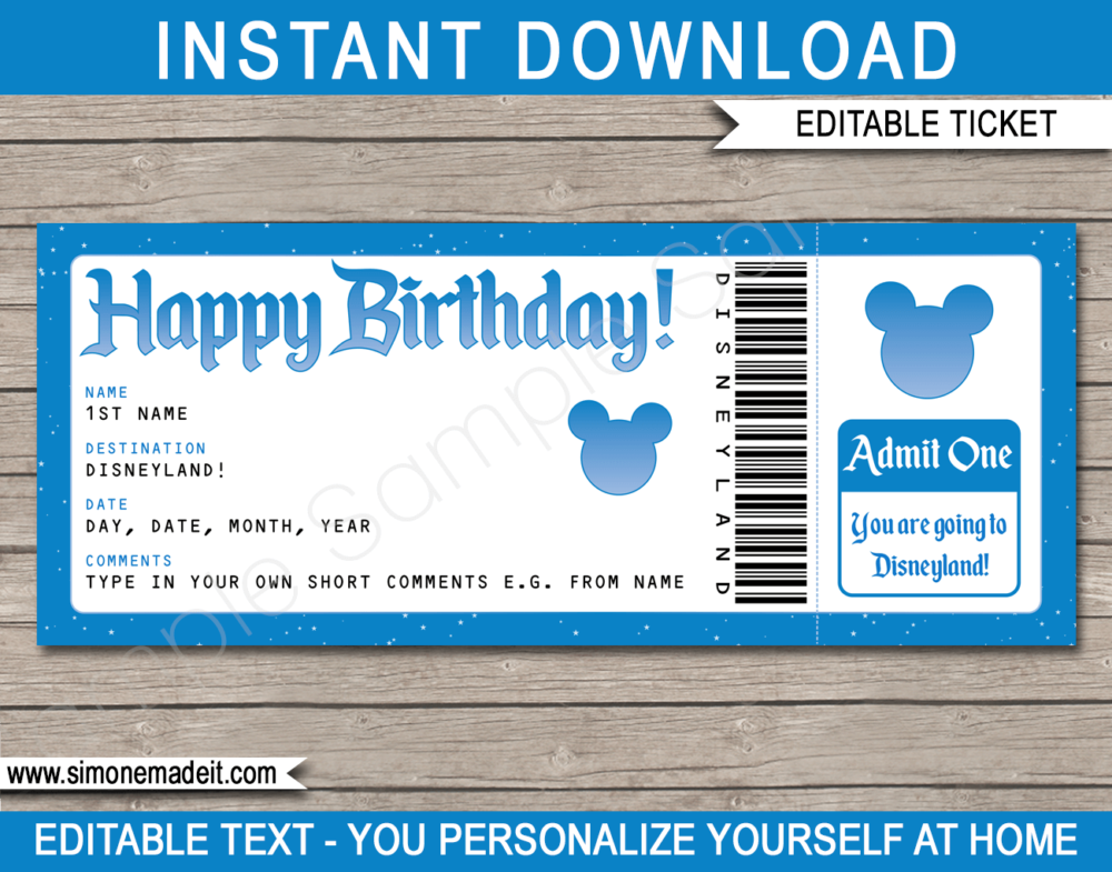 Printable Birthday Surprise Trip to Disneyland Ticket Template | Editable Gift Voucher | Disney World Trip Reveal | INSTANT DOWNLOAD via giftsbysimonemadeit.com