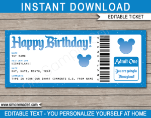 Printable Birthday Surprise Trip to Disneyland Ticket Template | Editable Gift Voucher | Disney World Trip Reveal | INSTANT DOWNLOAD via giftsbysimonemadeit.com