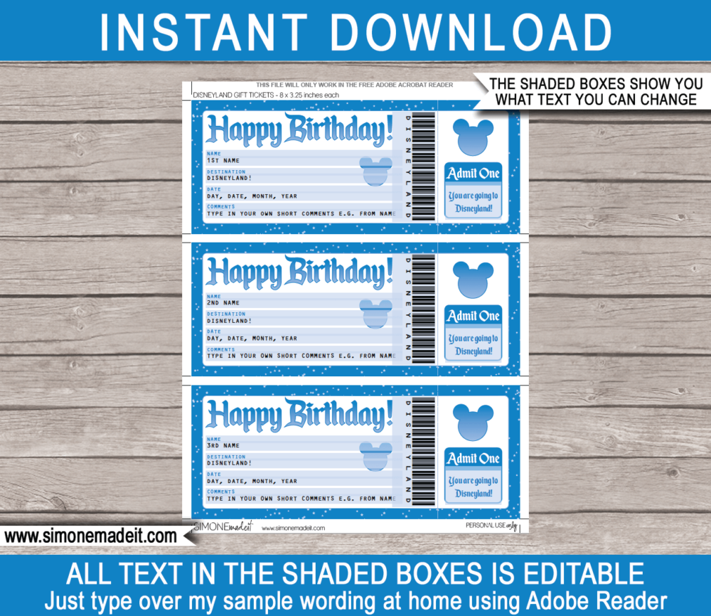 Printable Birthday Surprise Trip to Disneyland Ticket Template | Editable Gift Voucher | Disney World Trip Reveal | INSTANT DOWNLOAD via giftsbysimonemadeit.com